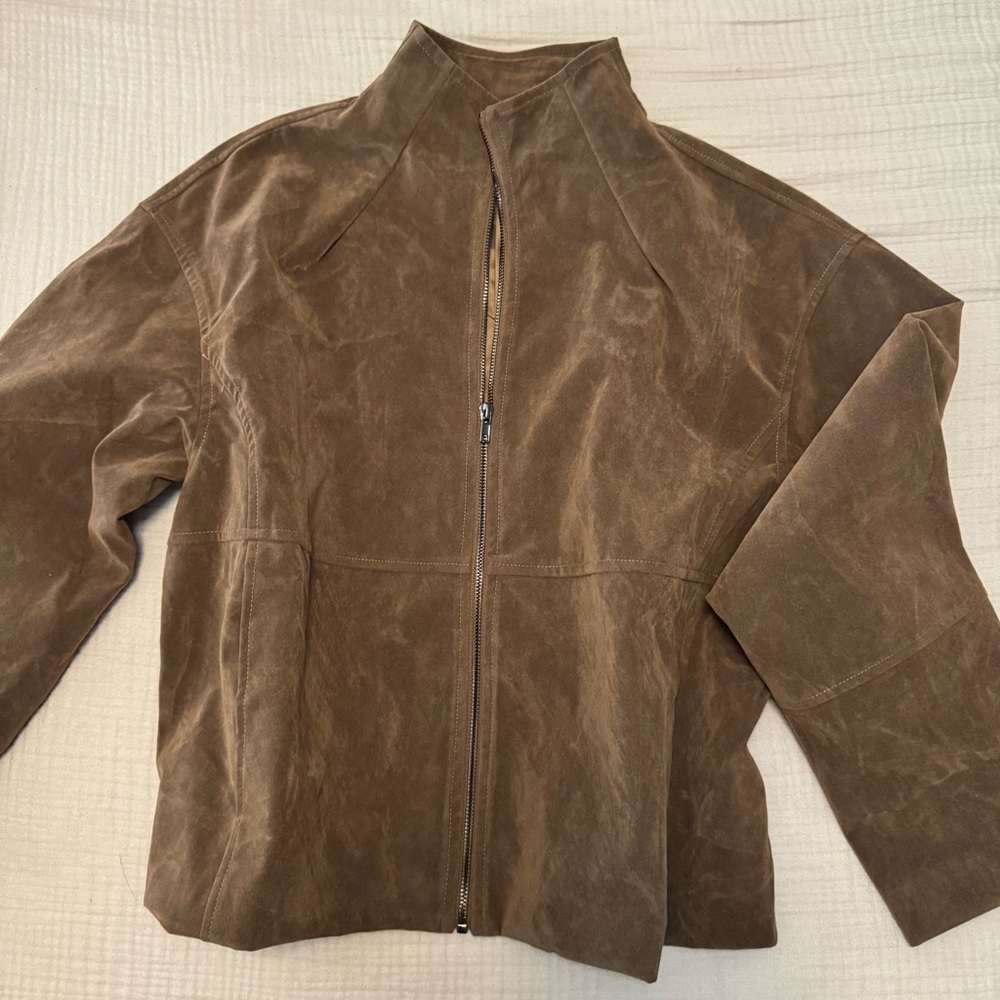 12th Tribe Sienna Brown Vegan Suede Jacket Cropped Zip Front - Picture 2 of 5